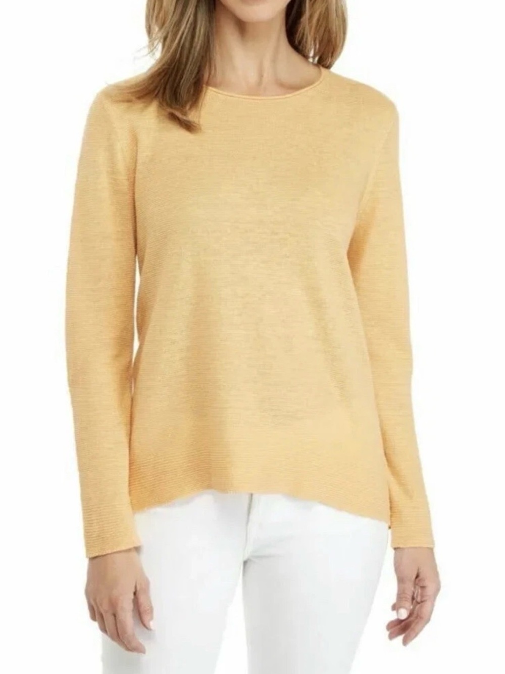 Eileen Fisher Organic Linen Fine Ribbed Tunic Sweater Yellow Orange Large